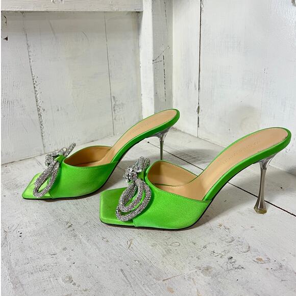 MACH & MACH Double Bow Crystal-Embellished Satin Mules Green Women Size 40 / 9.5 - Picture 5 of 8